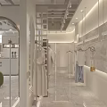 Modern Clothing Store Interior Design With White Walls Wooden Shutters Transparent Racks And Green Chair
