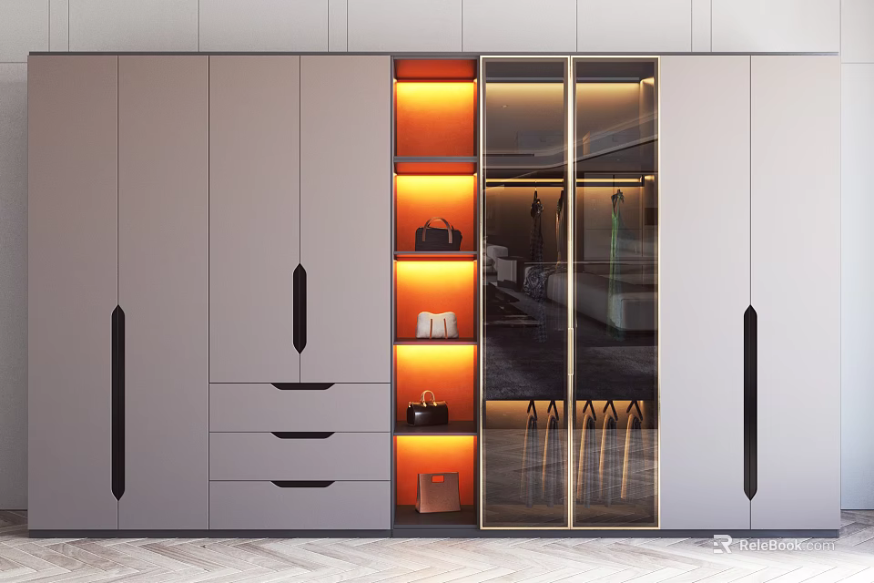 Modern Wardrobe Design With Glass Doors Lighting Drawers And Storage Solutions 3d model 