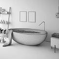 Stylish Freestanding Gray Bathtub With Gray Towel Golden Shelf Wall Art And Pendant Light