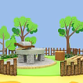 Scenic Farm Park With Windmill Cow Sunflower Field And Fountain Area