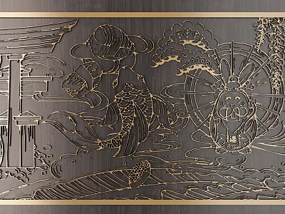 Golden Traditional Carving Artwork on Dark Background Featuring Carp Rabbit Pavilion Waves and Clouds 3d model