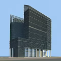 Tall Modern Office Building With Sleek Vertical Striped Facade And Glass Exterior Design
