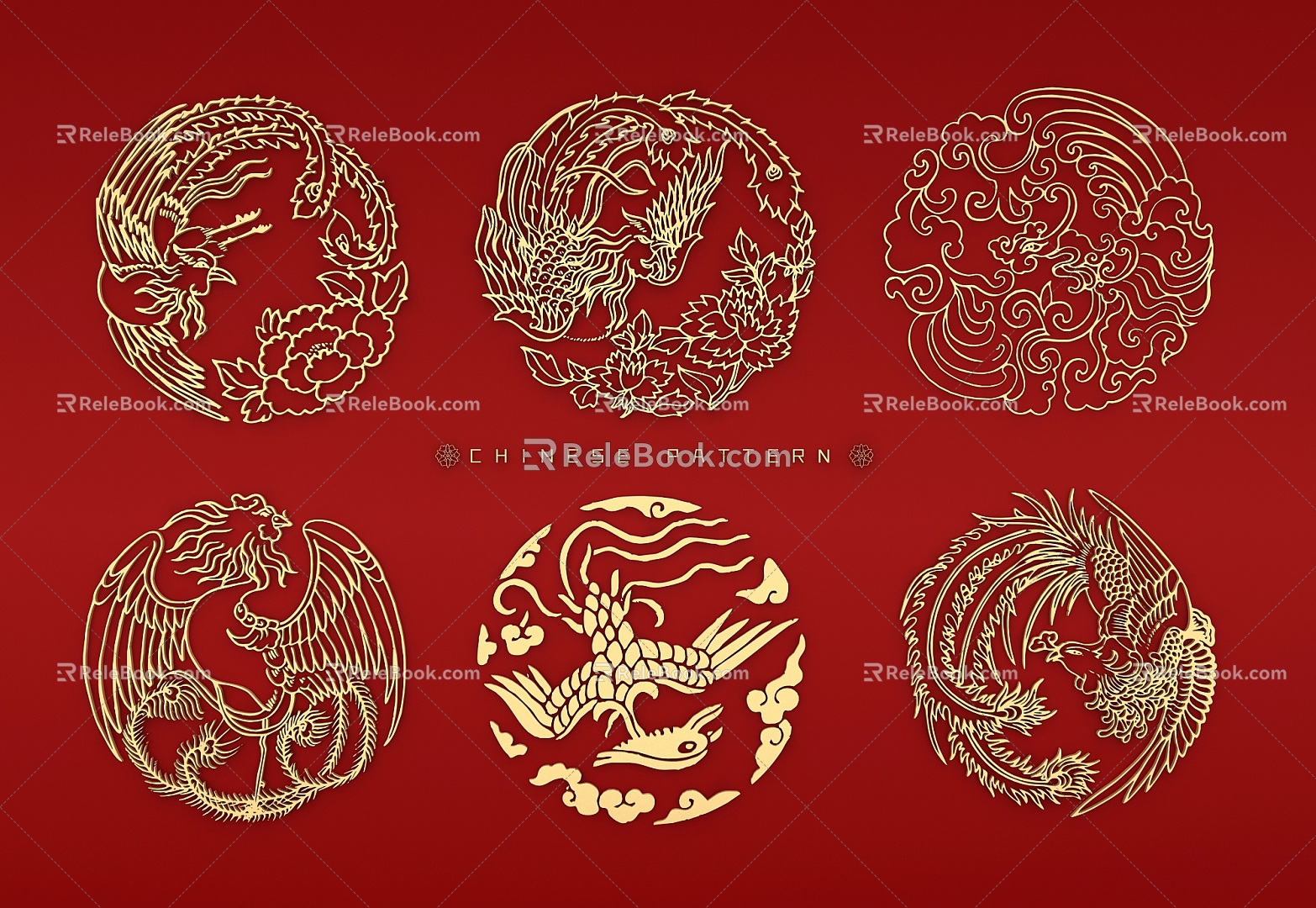 Phoenix classical round ring decorative pattern flower bird hollow carved pattern 3d model