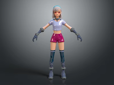 3D Game Movie Character With Light Blue Hair White Top Pink Shorts And Blue Boots 3d model