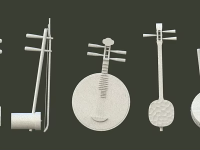 White 3D Models Of Traditional Musical Instruments And Art Supplies On Dark Background 3d model