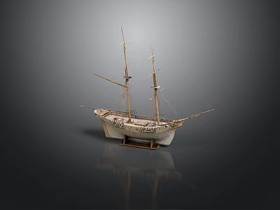 Vintage Wooden Sailing Ship Model With Two Masts And White Hull 3d model