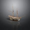 Vintage Wooden Sailing Ship Model With Two Masts And White Hull