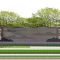 Garden Feature Wall With Perforated Pattern Surrounded By Green Trees And Purple Flowers 3d model