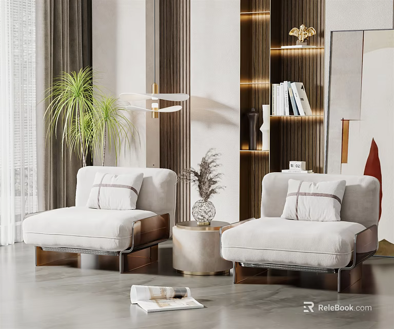 Modern Elegant Leisure Sofa Set In Living Room With Cushions Side Table And Decorative Plants 3d model 