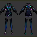 Futuristic Techwear Suit Design With Neon Purple Blue Gradient And Glowing Details Front Back Views