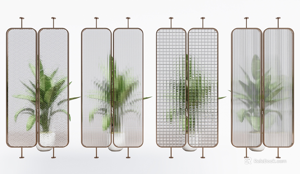 Modern Metal Frame Partition Screens With Grid Striped Designs And Green Plants 3d model 