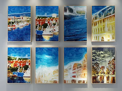 Colorful Art Paintings Hanging On White Wall With Various Scenic Designs 3d model