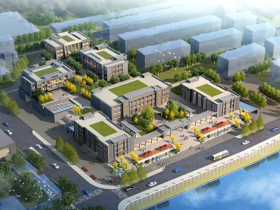 Aerial View Planning of Modern Building Complex with Green Roofs Roads and Waterfront 3d model