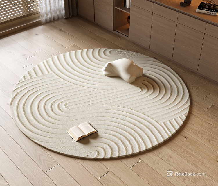 Round Textured Rug With Open Book And Sculpture On Wooden Floor 3d model 