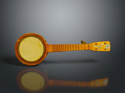 Wooden Banjo with Round Resonator Yellow Panel and Decorated Neck on Gray Background with Reflection 3d model