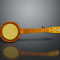 Wooden Banjo with Round Resonator Yellow Panel and Decorated Neck on Gray Background with Reflection