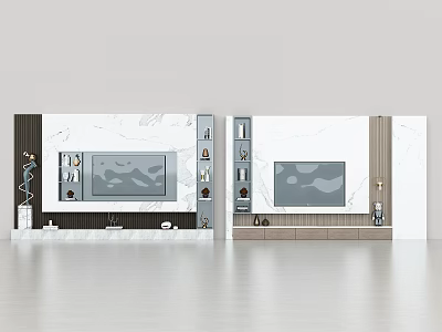 Modern TV Background Wall Design With Marble Panels Floating Shelves And Decorative Plants 3d model