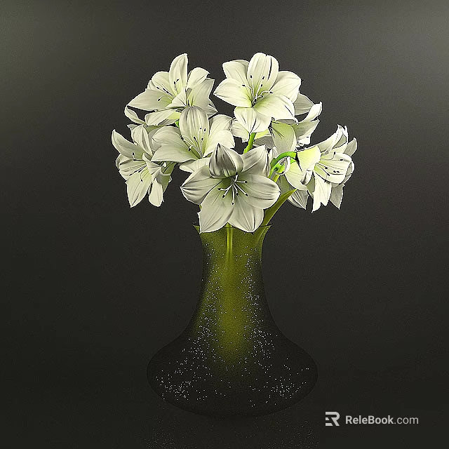 Elegant White Lilies in Green Vase Fresh Floral Arrangement on Dark Background 3d model 