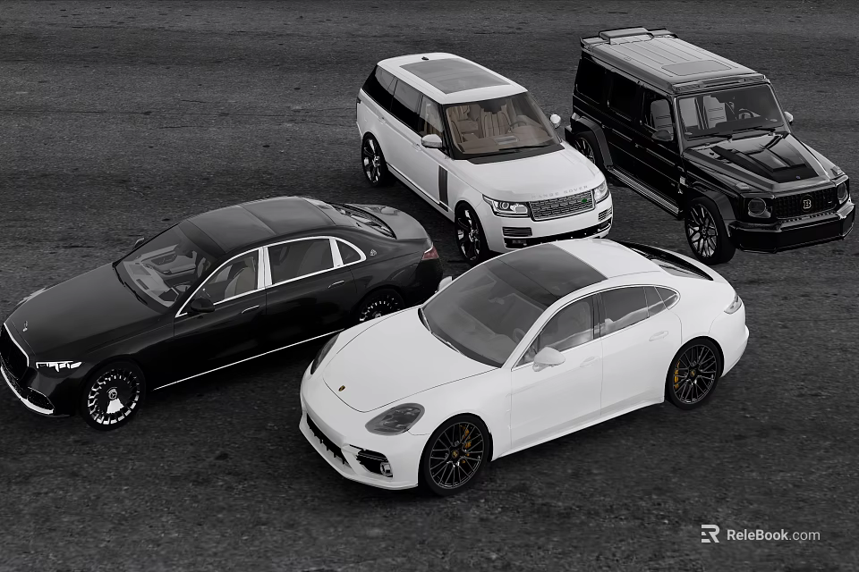 Luxury Black And White Cars Featuring Sedans And SUVs On Asphalt 3d model 