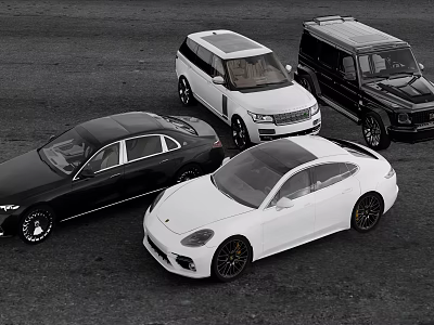 Luxury Black And White Cars Featuring Sedans And SUVs On Asphalt 3d model