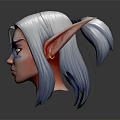 Fantasy Game Movie Character With Silver Gray Long Hair Elf Ears Blue Facial Markings And White Eyes
