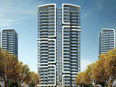 Modern High Rise Residential Building With Surrounding Trees And Architecture Design 3d model