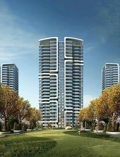 Modern High Rise Residential Building With Surrounding Trees And Architecture Design 3d model