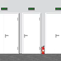 White Doors With Green Exit Signs And Red Fire Extinguisher In Corridor
