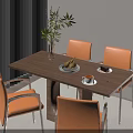 Modern Wooden Dining Table Set Featuring Orange Chairs Green Plant Fruits And Coffee Cup