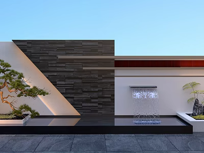 Modern Courtyard Landscape With Gray Stone Wall Water Fountain And Potted Pine Tree 3d model