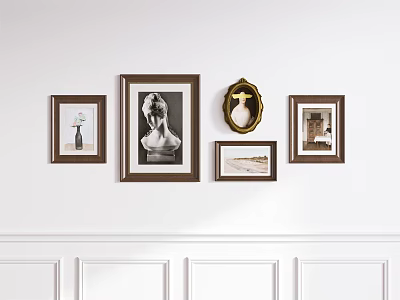 White Wall With Brown Framed Art Gallery Featuring Various Artworks And 3d model