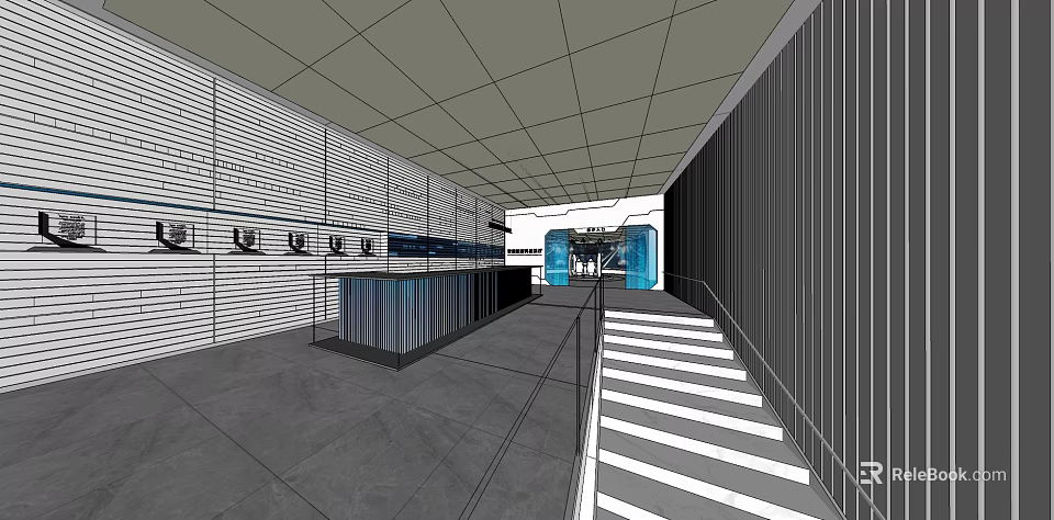 Modern Interior Space With Gray Floor White Panel Walls Black Counter Glass Doors And Stairs 3d model 