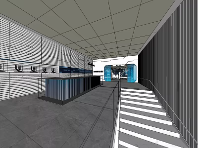 Modern Interior Space With Gray Floor White Panel Walls Black Counter Glass Doors And Stairs 3d model