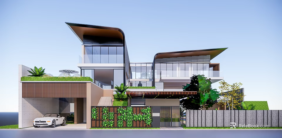 Modern Detached Villa Exterior Design With Large Glass Walls Green Roof And Surrounding Trees 3d model 