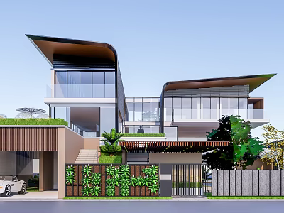 Modern Detached Villa Exterior Design With Large Glass Walls Green Roof And Surrounding Trees 3d model