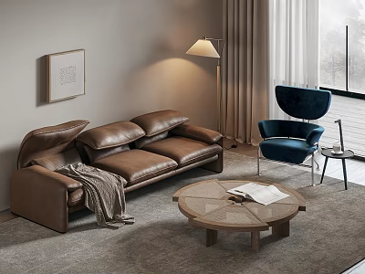Modern Brown Sofa with Throw Blanket and Round Wooden Coffee Table Set and Blue Armchair 3d model