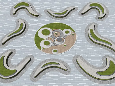 Multiple Curved Tree Pits In Landscape Design With Circular Central Area And Green Vegetation 3d model