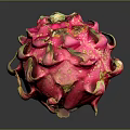 Fresh Pink Dragon Fruit with Green Leafy Tips and Textured Skin on Dark Reflective Background