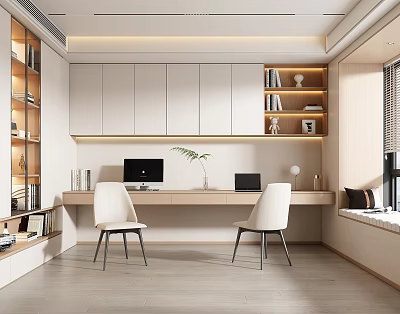 Modern Home Office Interior With Wooden Desk White Chairs Bookshelves Cabinets And Natural Light 3d model