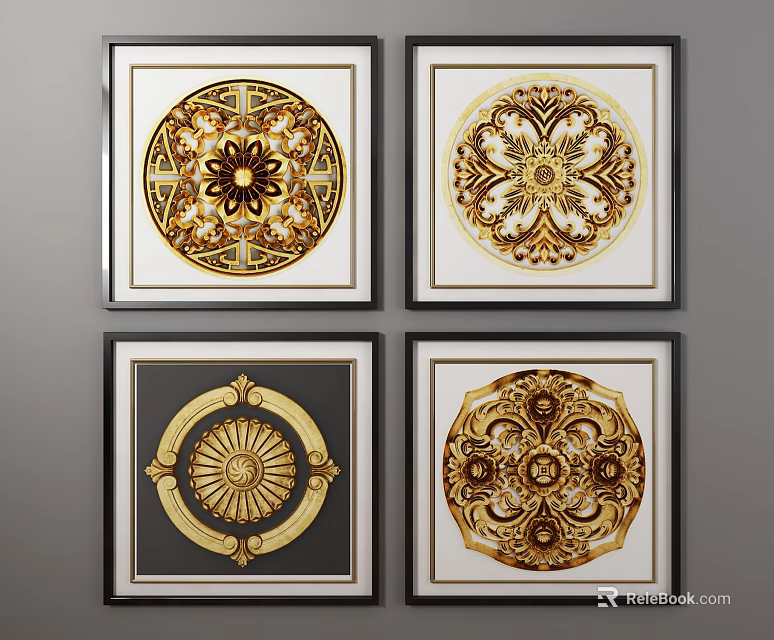 Decorative Framed Wall Art With Circular Golden Intricate Patterns 3d model