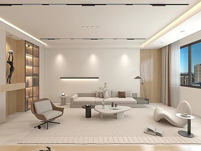 Modern Living Dining Room Interior Design With Sofa Chairs Coffee Table Bookshelf And Large Window 3d model