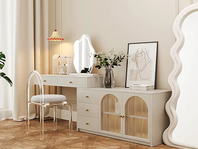 Modern White Dressing Table with Mirror Chair Vase and Decorative Painting 3d model