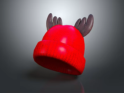 Cute Warm Knitted Red Hat With Brown Antler Decorations For Winter Wear 3d model