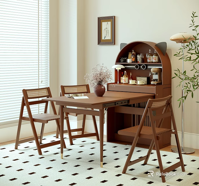 Wooden Table And Wicker Chairs Set With Vase Flowers Near Window Blinds And Cabinet Plant 3d model 