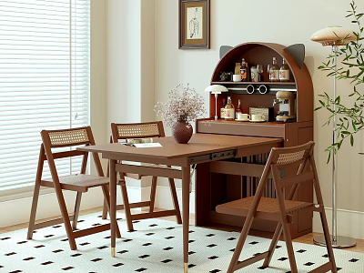 Wooden Table And Wicker Chairs Set With Vase Flowers Near Window Blinds And Cabinet Plant 3d model