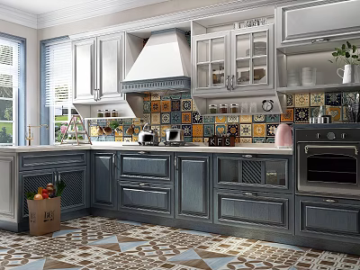 Gray Kitchen Cabinets With Colorful Tile Backsplash Windows And Geometric Floor 3d model