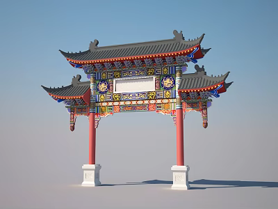 Traditional Chinese Archway With Ornate Carvings Colorful Decorations Multi layered Roof And Red Pillars 3d model