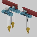 Industrial Electric Hoists Mounted On Red Rails With Yellow Hooks For Lifting