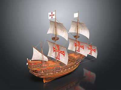Detailed Model of Historical Wooden Sailing Ship with White Sails and Red Cross Flags 3d model