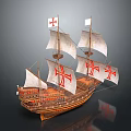 Detailed Model of Historical Wooden Sailing Ship with White Sails and Red Cross Flags